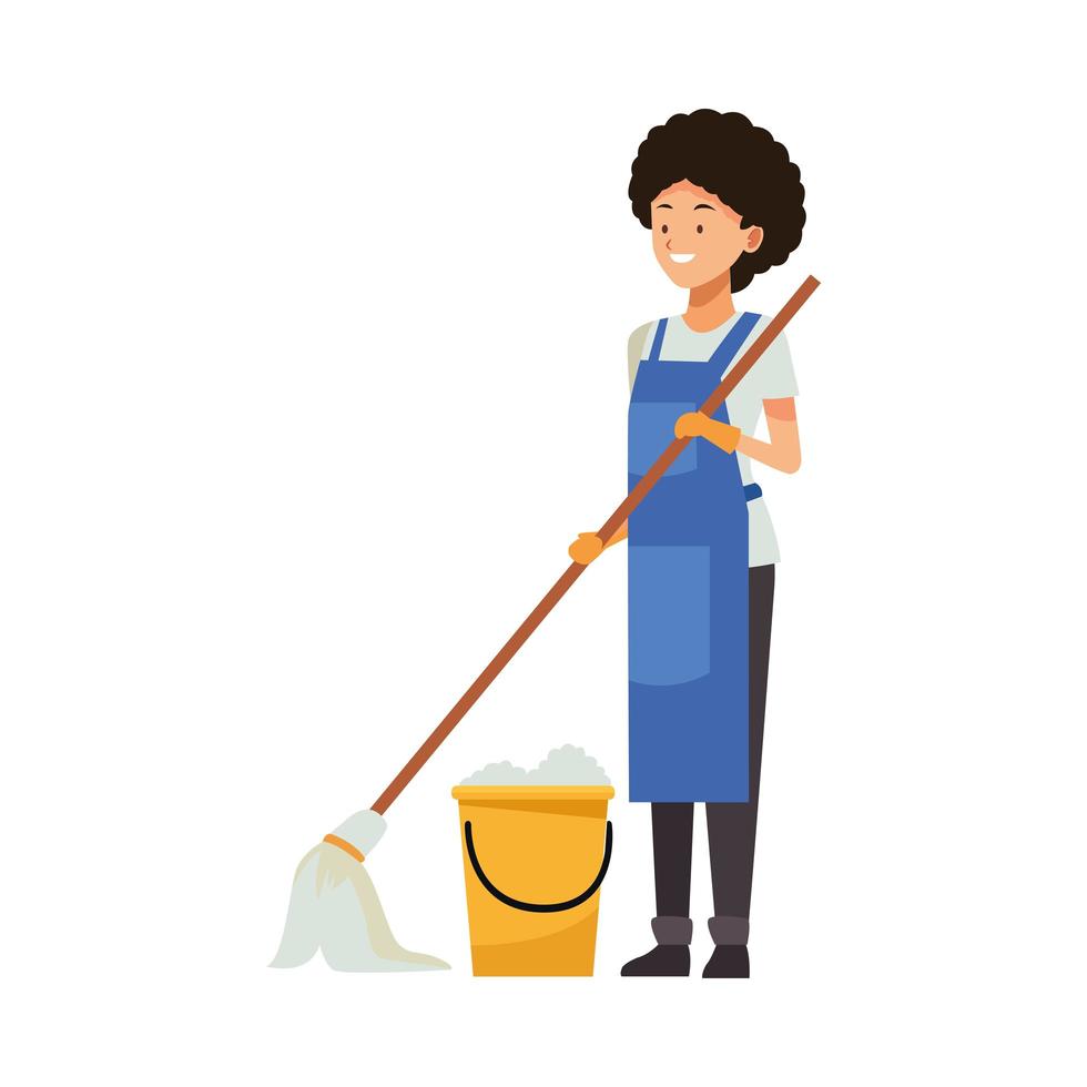 operaio femminile delle pulizie con scopa e secchio vettore