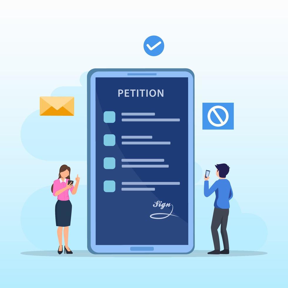 concetto di modulo di petizione. persone che firmano e diffondono petizioni o reclami. vettore piatto