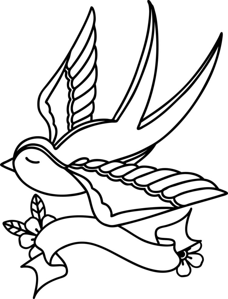 tradizionale nero linework tatuaggio con bandiera di un' ingoiare vettore