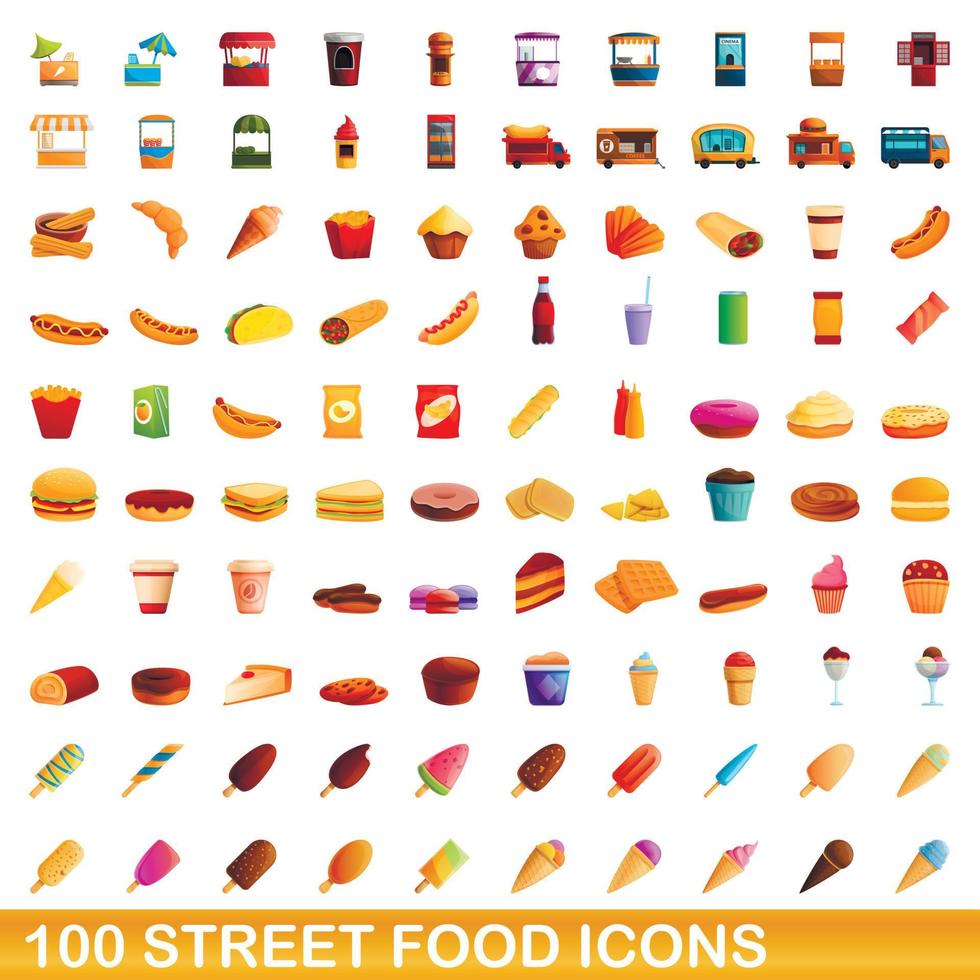 100 icone di cibo di strada impostate, stile cartone animato vettore