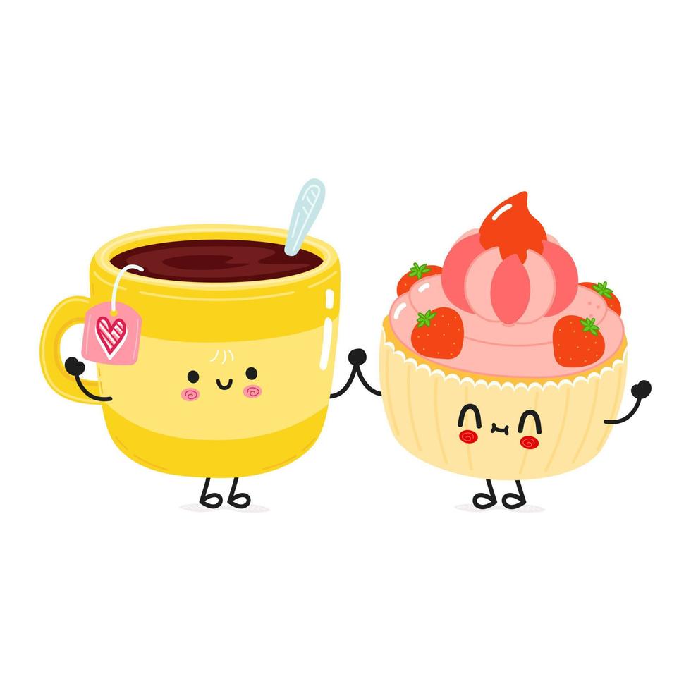 carino felice tazza di tè e carta torta. disegno dell'icona dell'illustrazione del personaggio dei cartoni animati di stile di doodle disegnato a mano di vettore. felice tazza di tè e torta amici concept card vettore