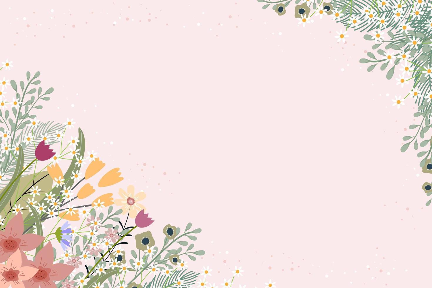 primavera fiori saluto carta botanico fondale su confine di carino minuscolo fioritura nel giallo, arancia e bianca, estate vendita con floreale piatto disegno, vettore illustrazione su rosa sfondo con copia spazio
