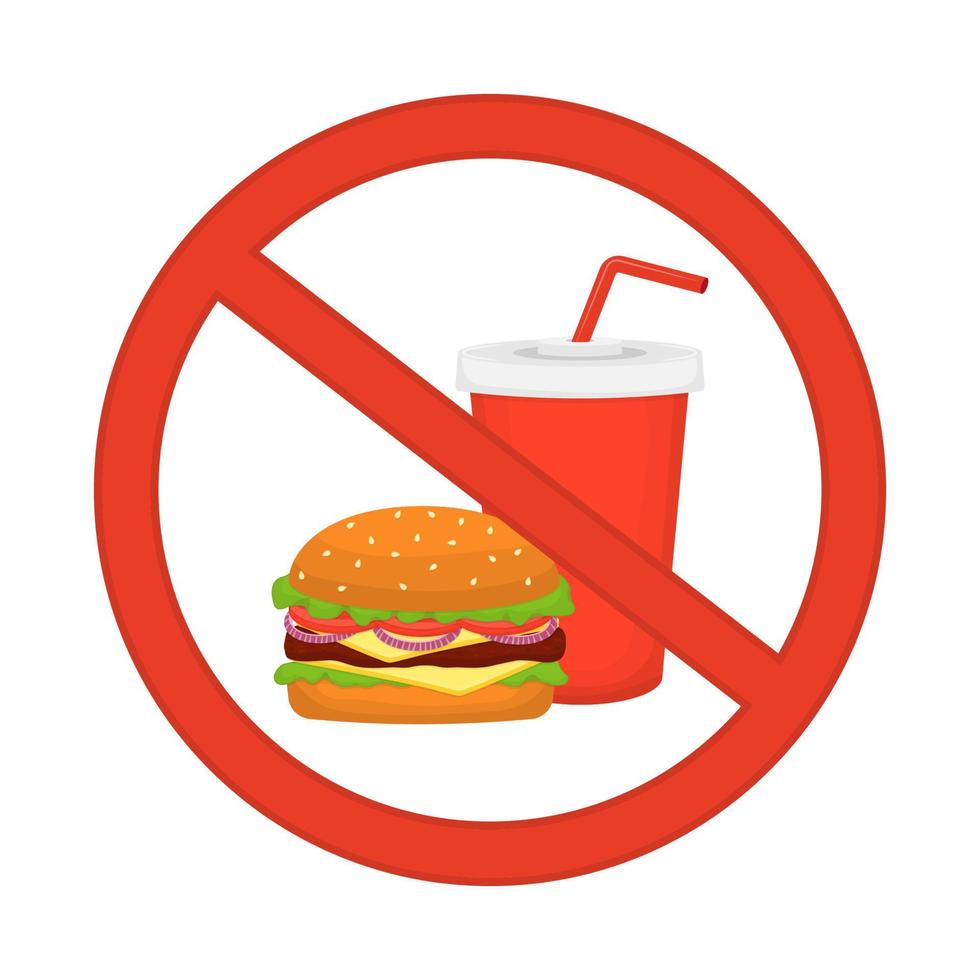 salutare cibo concetto. il danno e Pericolo di veloce cibo. Hamburger e bibita con un' divieto cartello. vettore