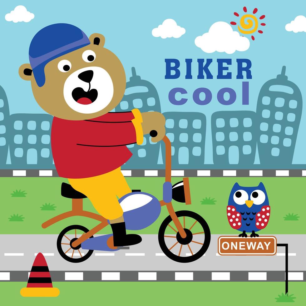 orso il motociclista divertente animale cartone animato vettore
