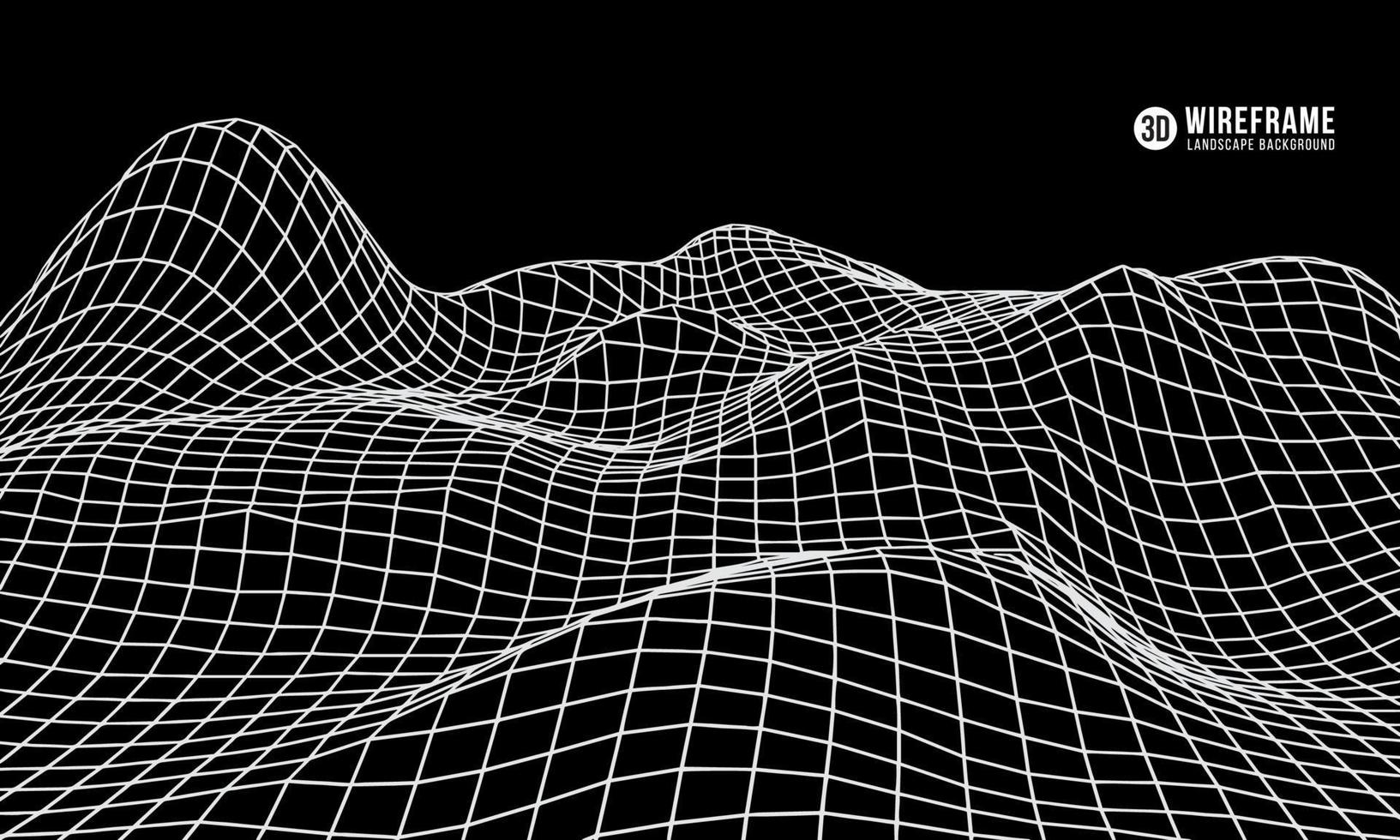Terreno di montagna wireframe 3D su sfondo nero. paesaggio di montagna geometrica low poly. Griglia del cyberspazio 3D. vettore di tecnologia.