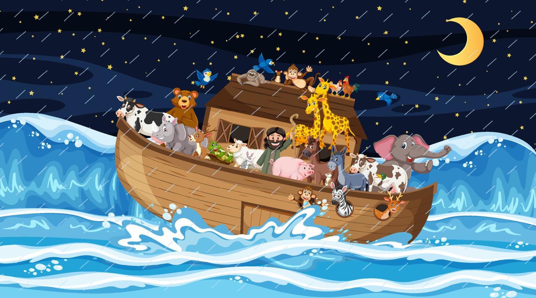 scena oceanica con arca di noè con animali vettore
