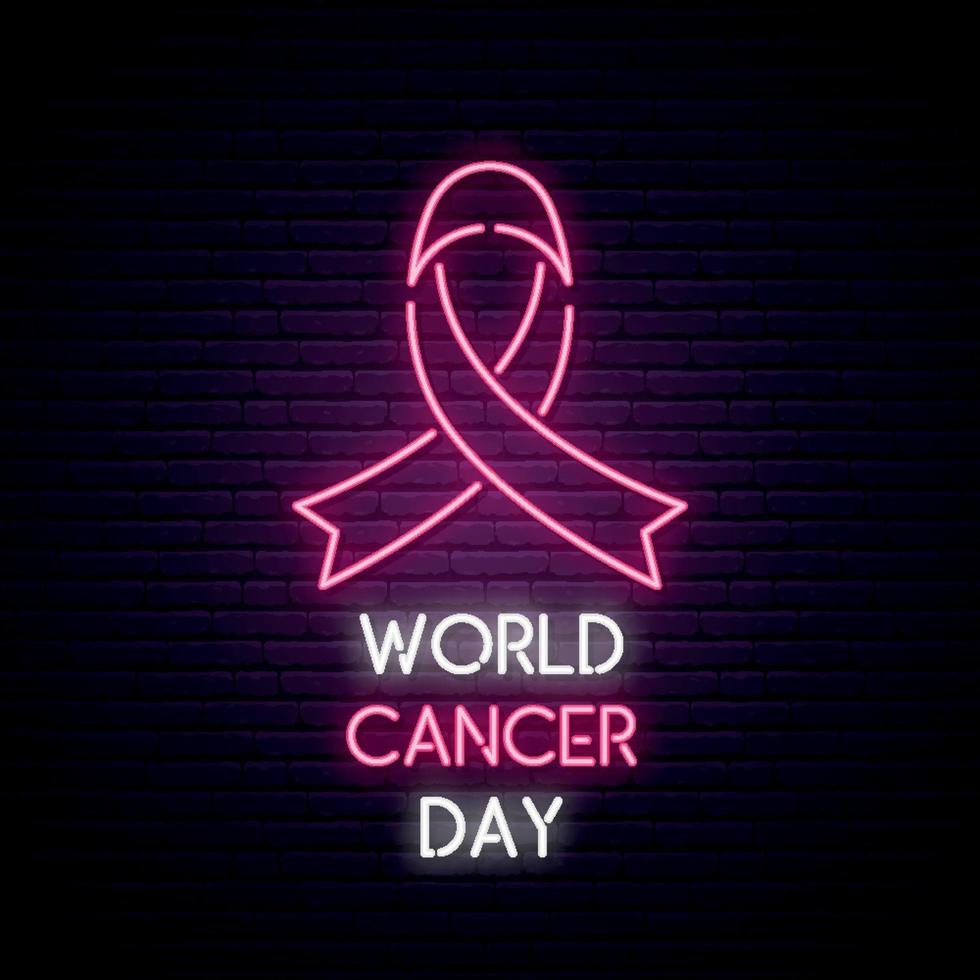 insegna al neon della giornata mondiale del cancro su uno sfondo di muro di mattoni scuri vettore