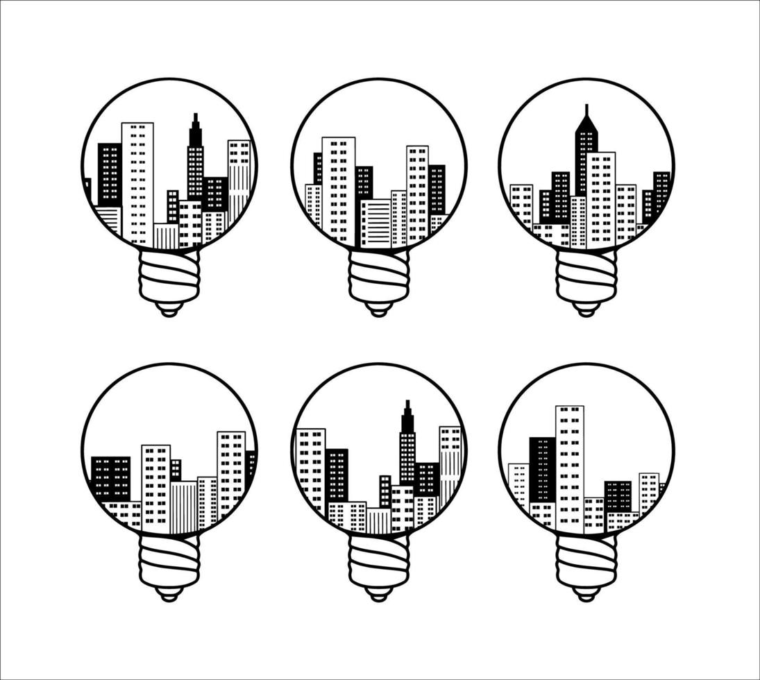 collezione di edificio grattacieli dentro un' lampadina illustrazioni vettore