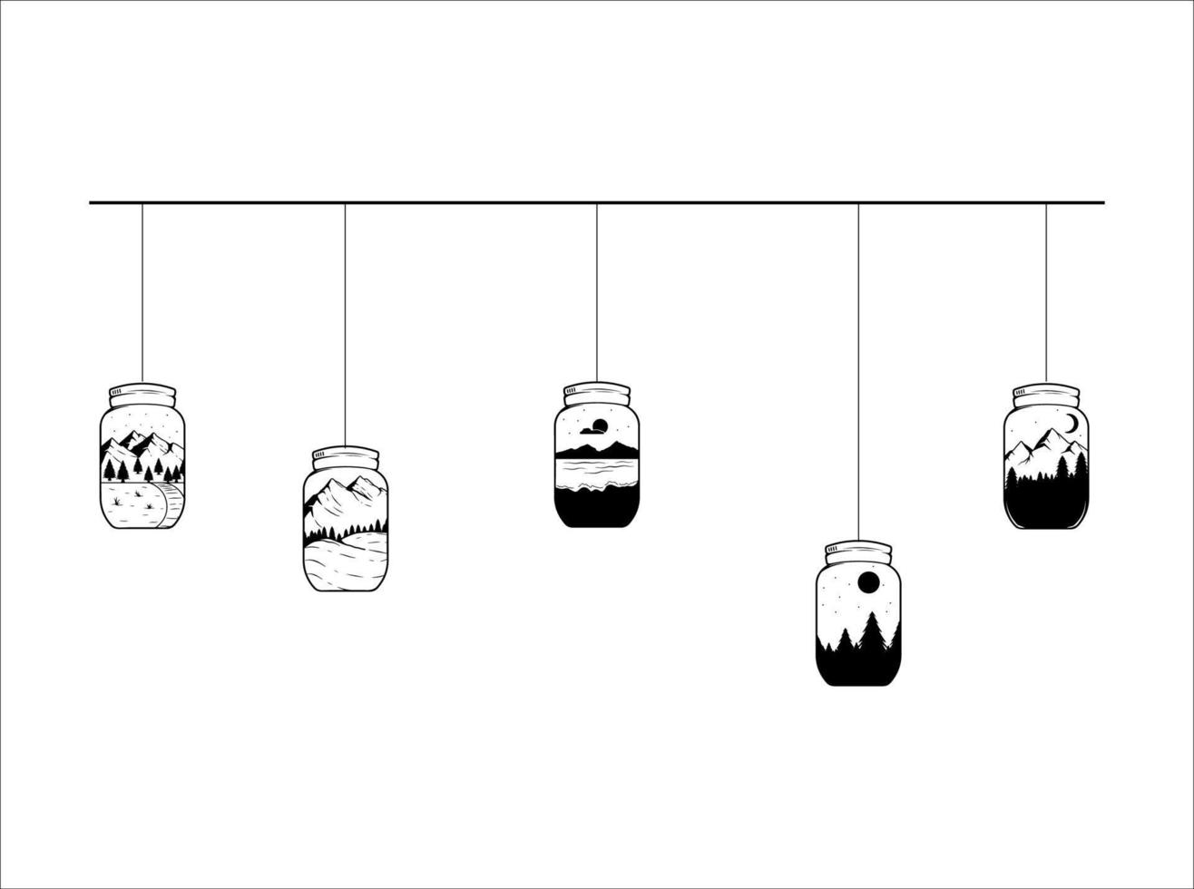 decorazione sospeso impostato di muratore barattoli con montagna silhouette vettore