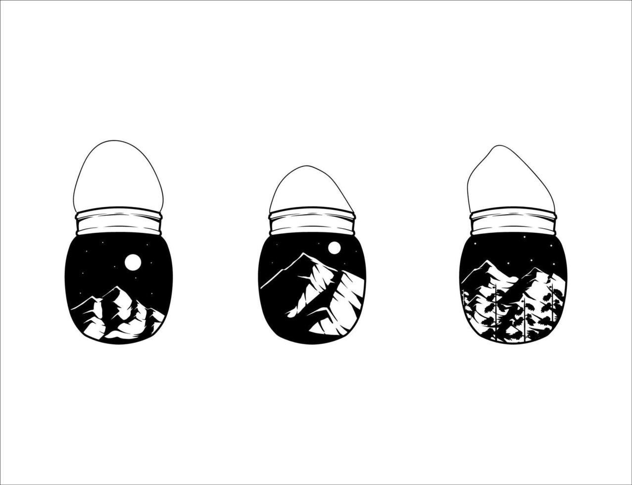 nero silhouette tre oggetto montagna nel vaso illustrazioni vettore