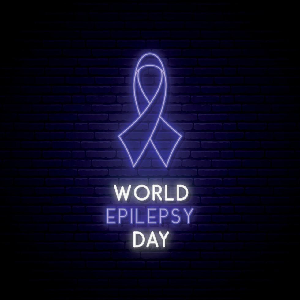 insegna al neon del concetto di giornata mondiale dell'epilessia. nastro di consapevolezza viola brillante sul fondo del muro di mattoni scuri. vettore