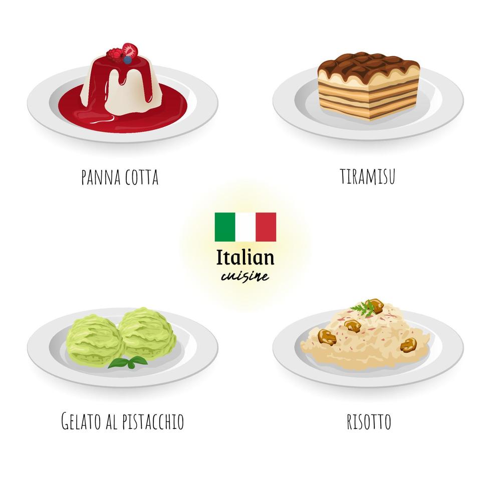 italiano cucina panna cotta, Tiramisù, gelato al pistacchio e risotto nel bianca isolato sfondo. cibo concetto vettore illustrazione