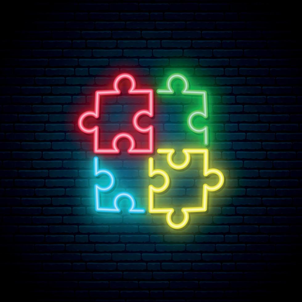 segno al neon di puzzle. luminoso simbolo di autismo su sfondo scuro muro di mattoni. vettore