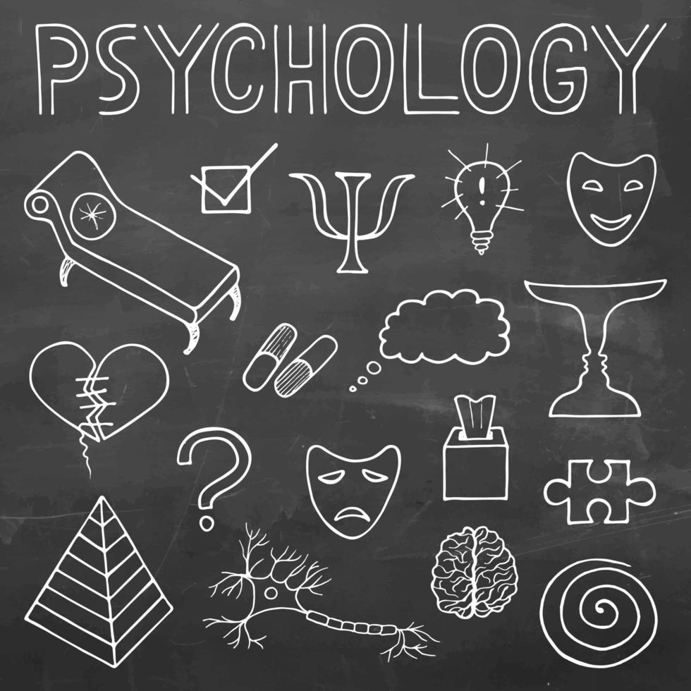psicologia mano disegnato scarabocchio impostato e tipografia su lavagna sfondo vettore
