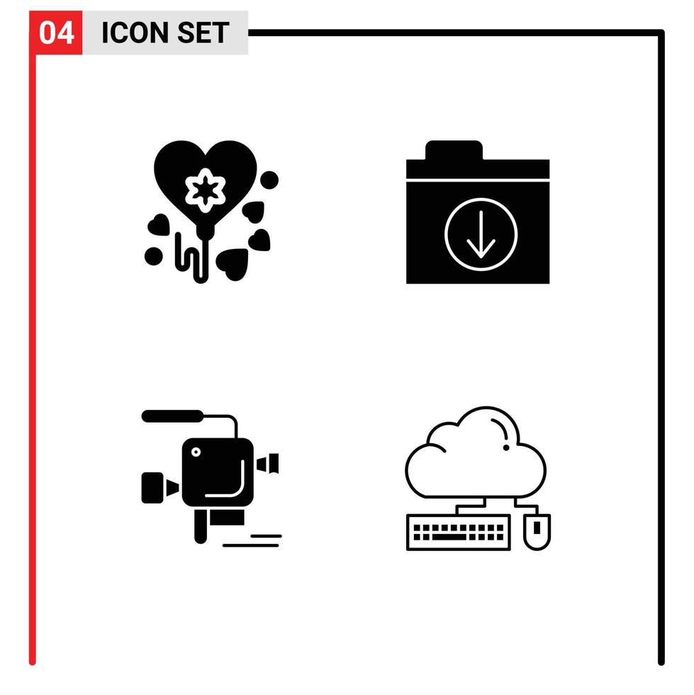moderno impostato di 4 solido glifi pittogramma di Palloncino film telecamera Scarica telecamera tastiera modificabile vettore design elementi