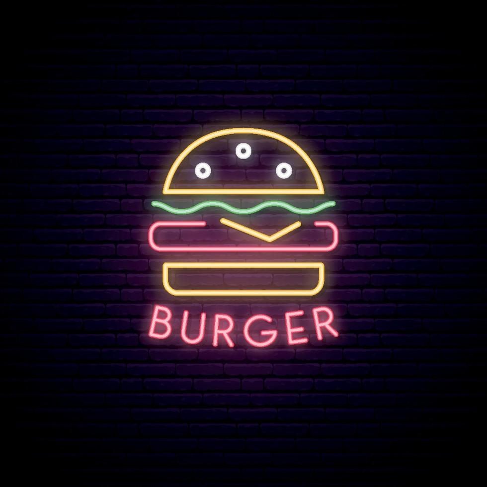 insegna al neon di hamburger. emblema neon cafe, banner luminoso. design pubblicitario. vettore