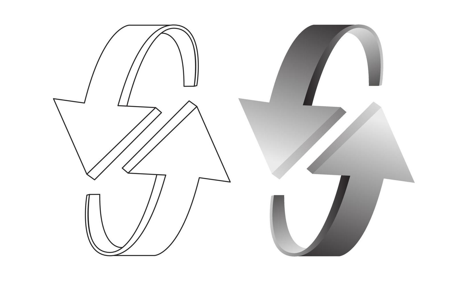 freccia linea nera doodle e direzione 3d riciclare su sfondo bianco illustrazione vettoriale. vettore