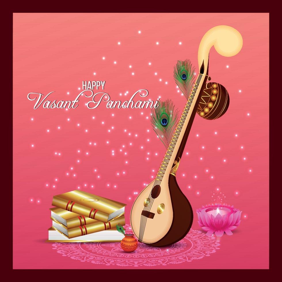 biglietto di auguri vasant panchami con veena e libri vettore