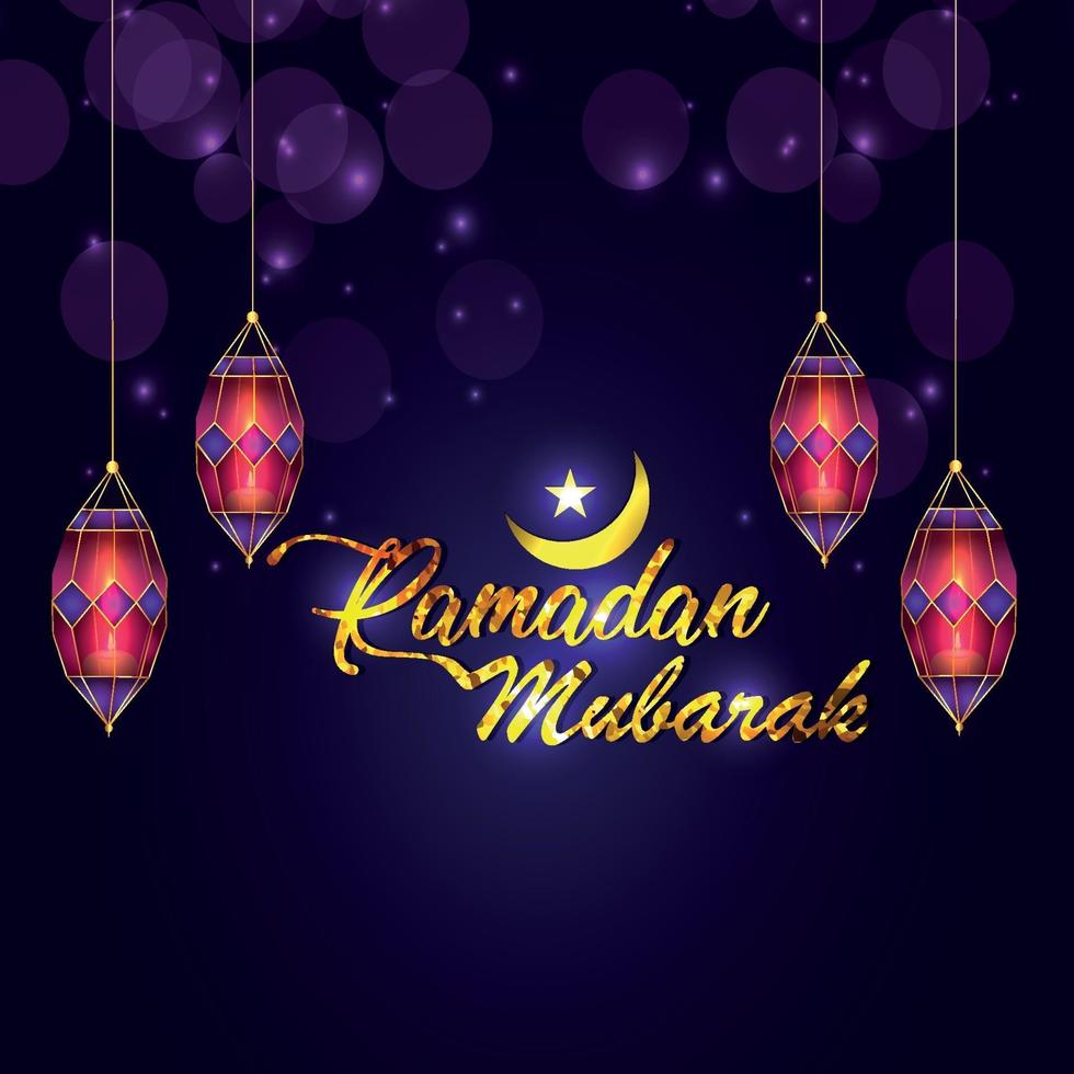 luna islamica con lanterna creativa e testo dorato vettore