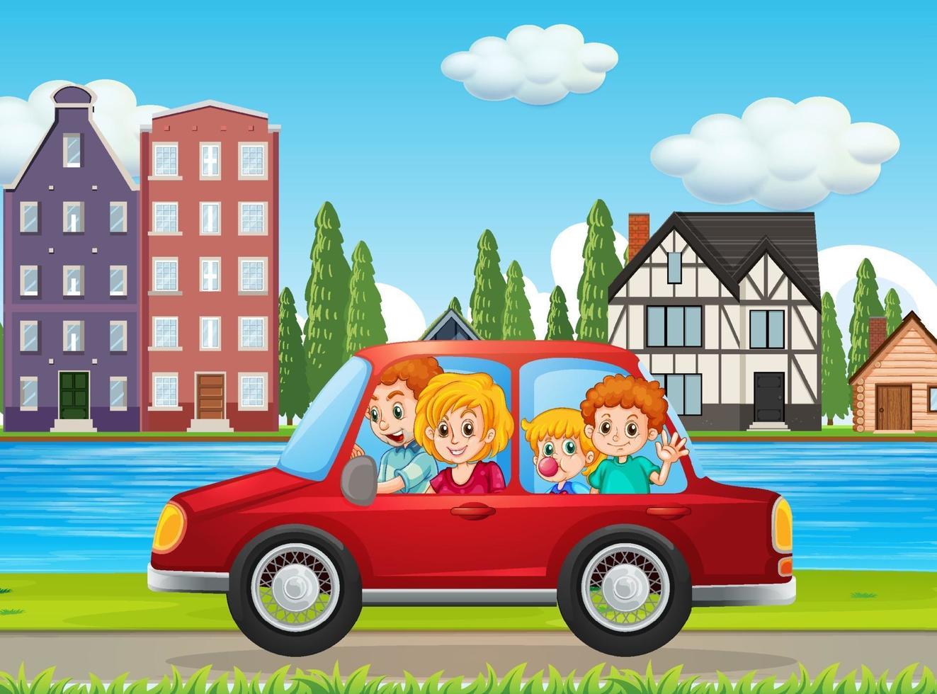 famiglia felice che viaggia in città in macchina rossa vettore