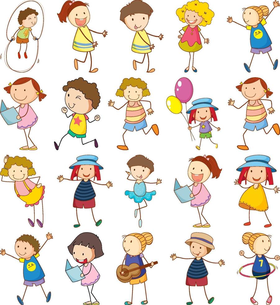 set di bambini diversi in stile doodle vettore