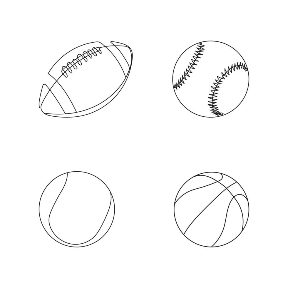 impostato di palle. uno linea arte. Rugby, baseball, pallacanestro, tennis. gli sport attrezzatura. vettore illustrazione.