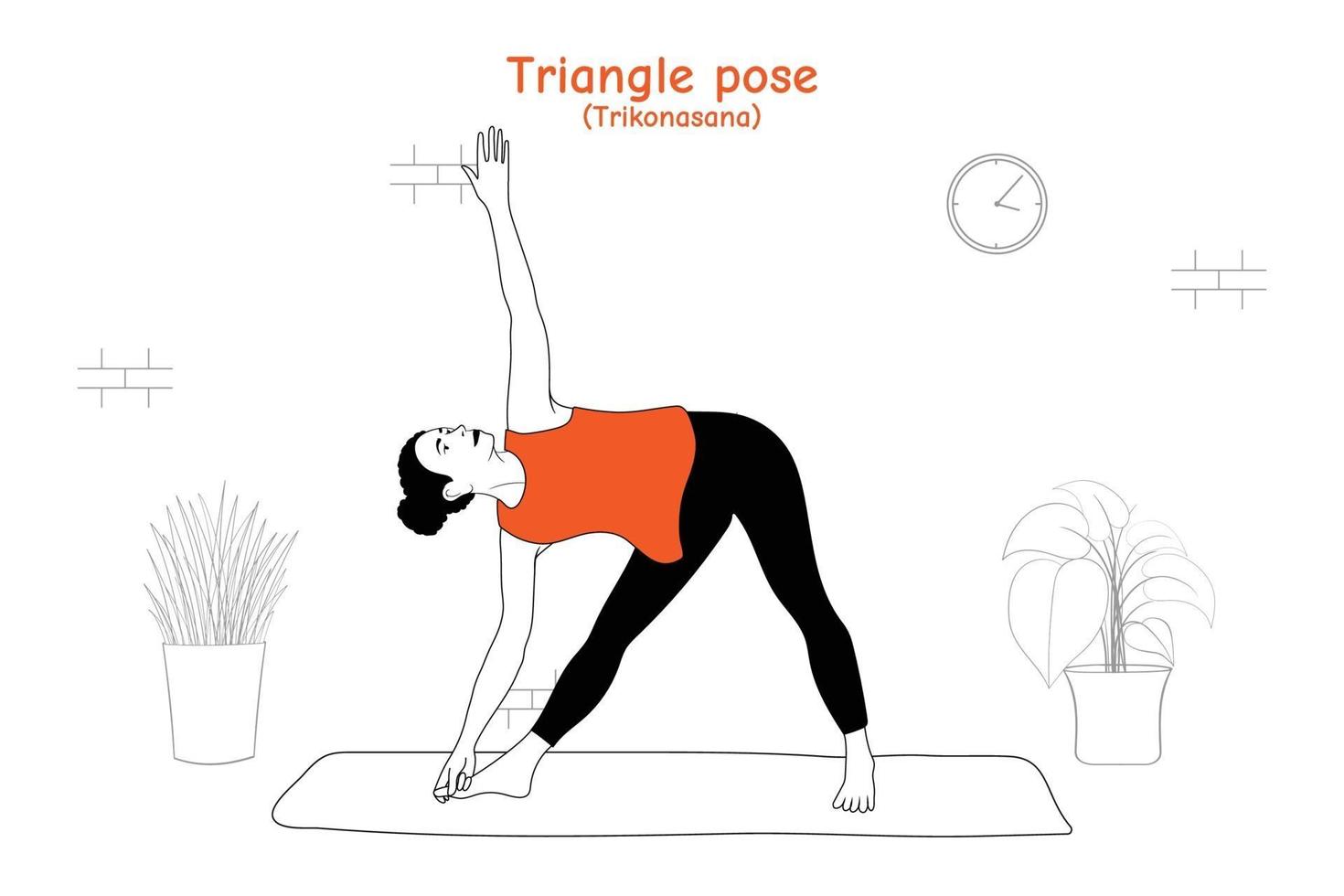 donna che fa yoga asana triangolo posa o trikonasana in stile disegnato a mano piatto vettore