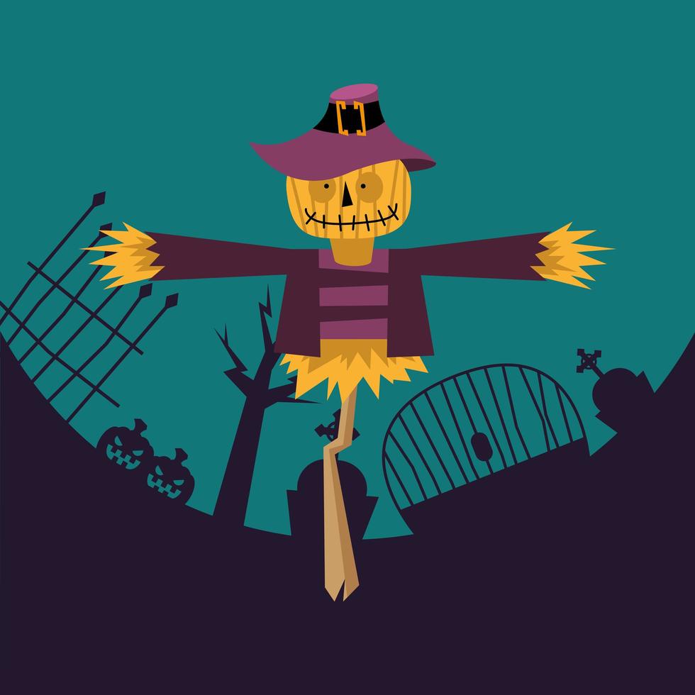 cartone animato di spaventapasseri di Halloween al disegno vettoriale del cimitero
