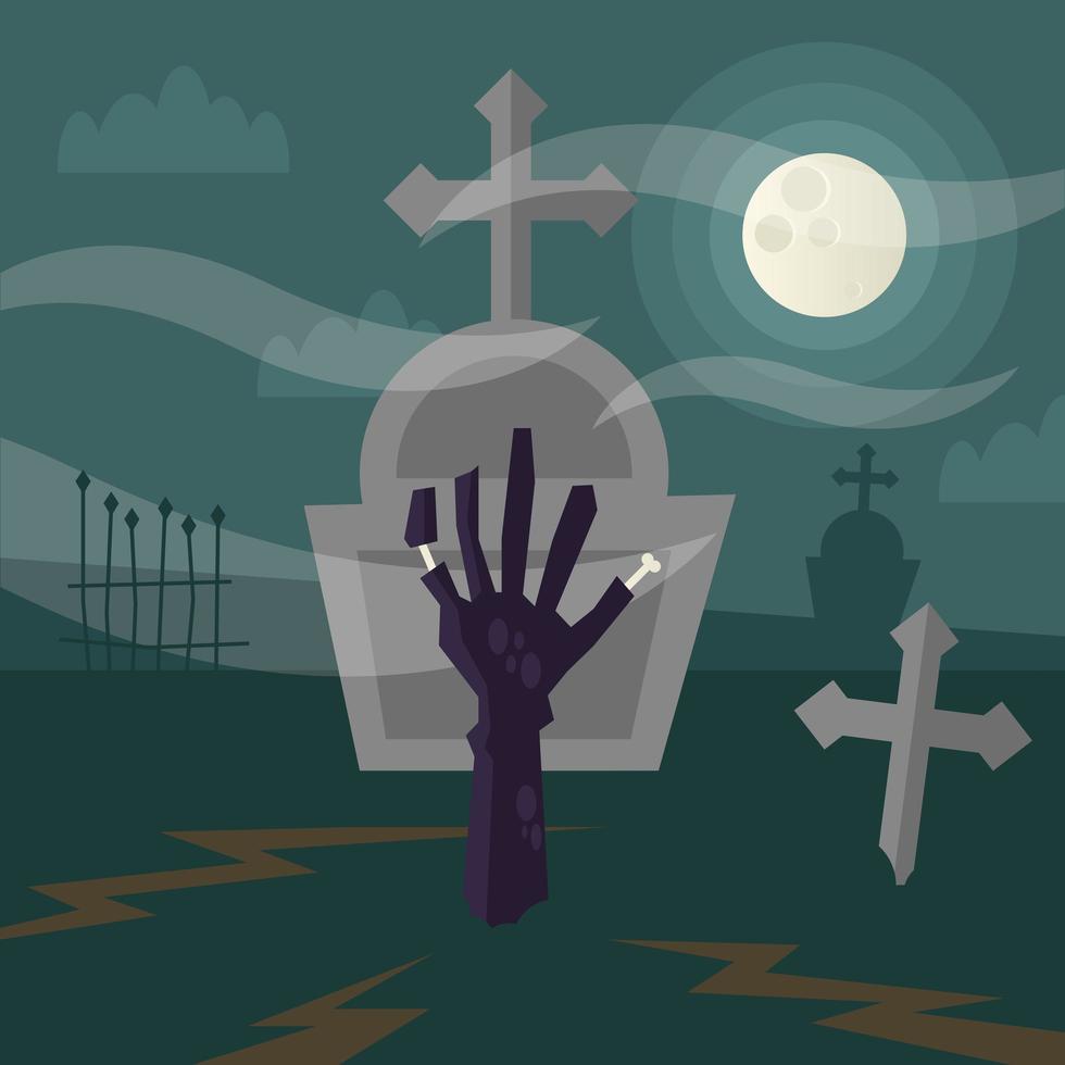 mano di zombie di Halloween al disegno vettoriale del cimitero