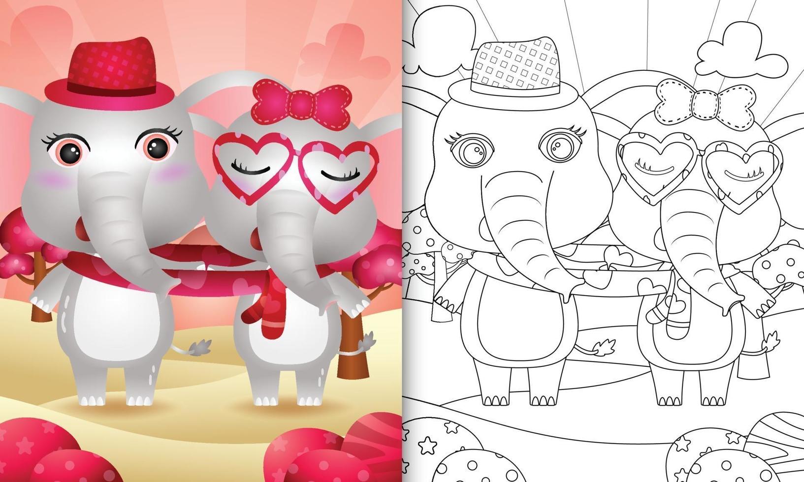 libro da colorare per bambini con coppia di elefanti di San Valentino illustrati vettore