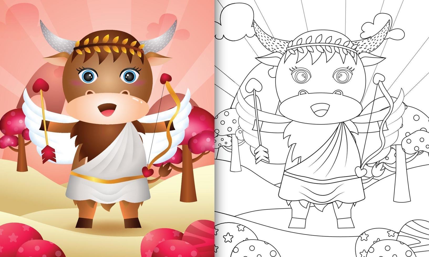 Libro da colorare per bambini con un simpatico angelo bufalo con costume da Cupido a tema San Valentino vettore