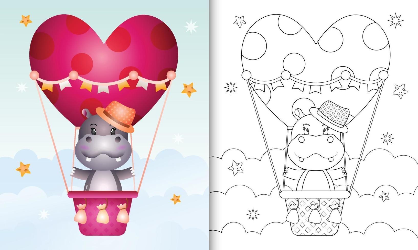 Libro da colorare per bambini con un simpatico ippopotamo maschio in mongolfiera a tema San Valentino vettore