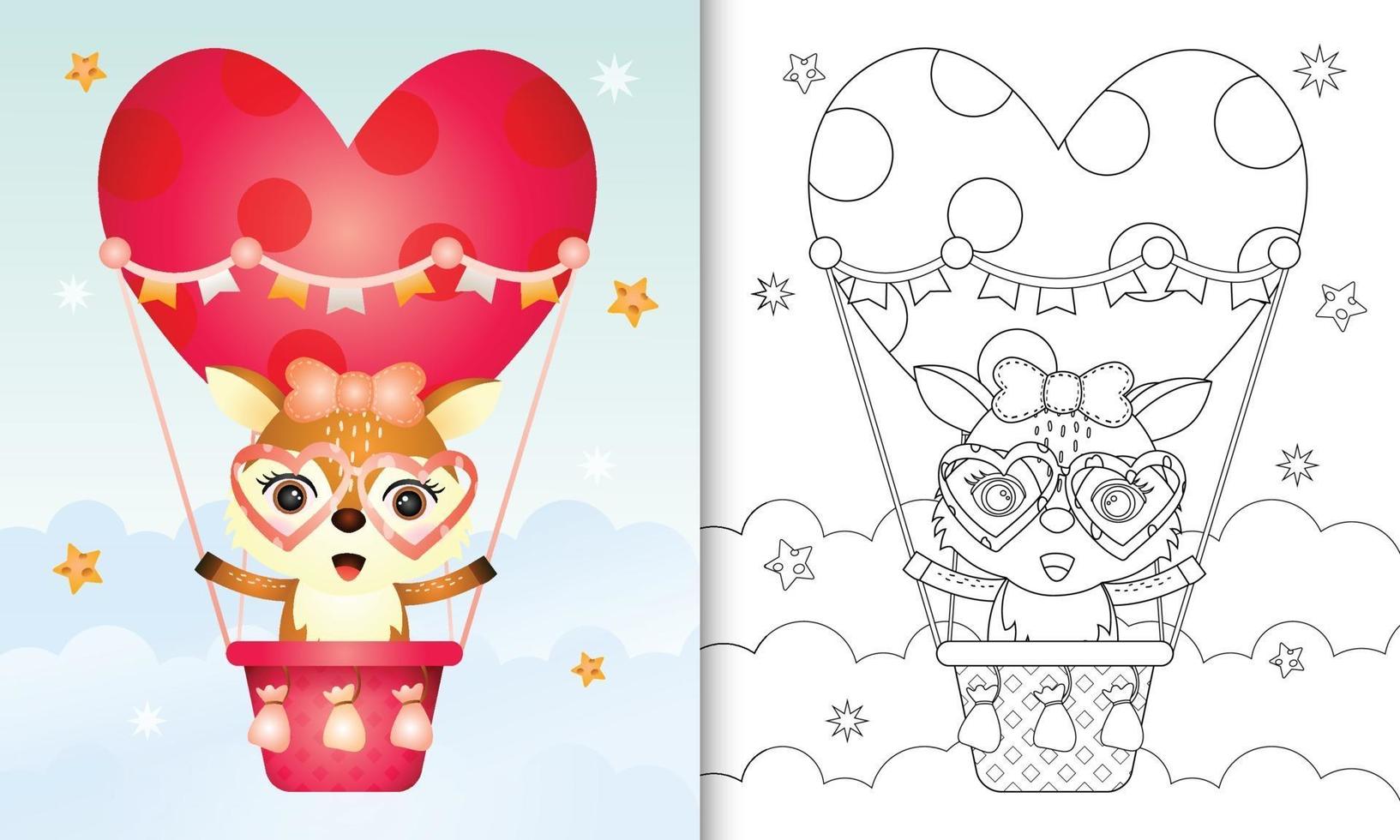 libro da colorare per bambini con una femmina di cervo carina in mongolfiera a tema San Valentino vettore
