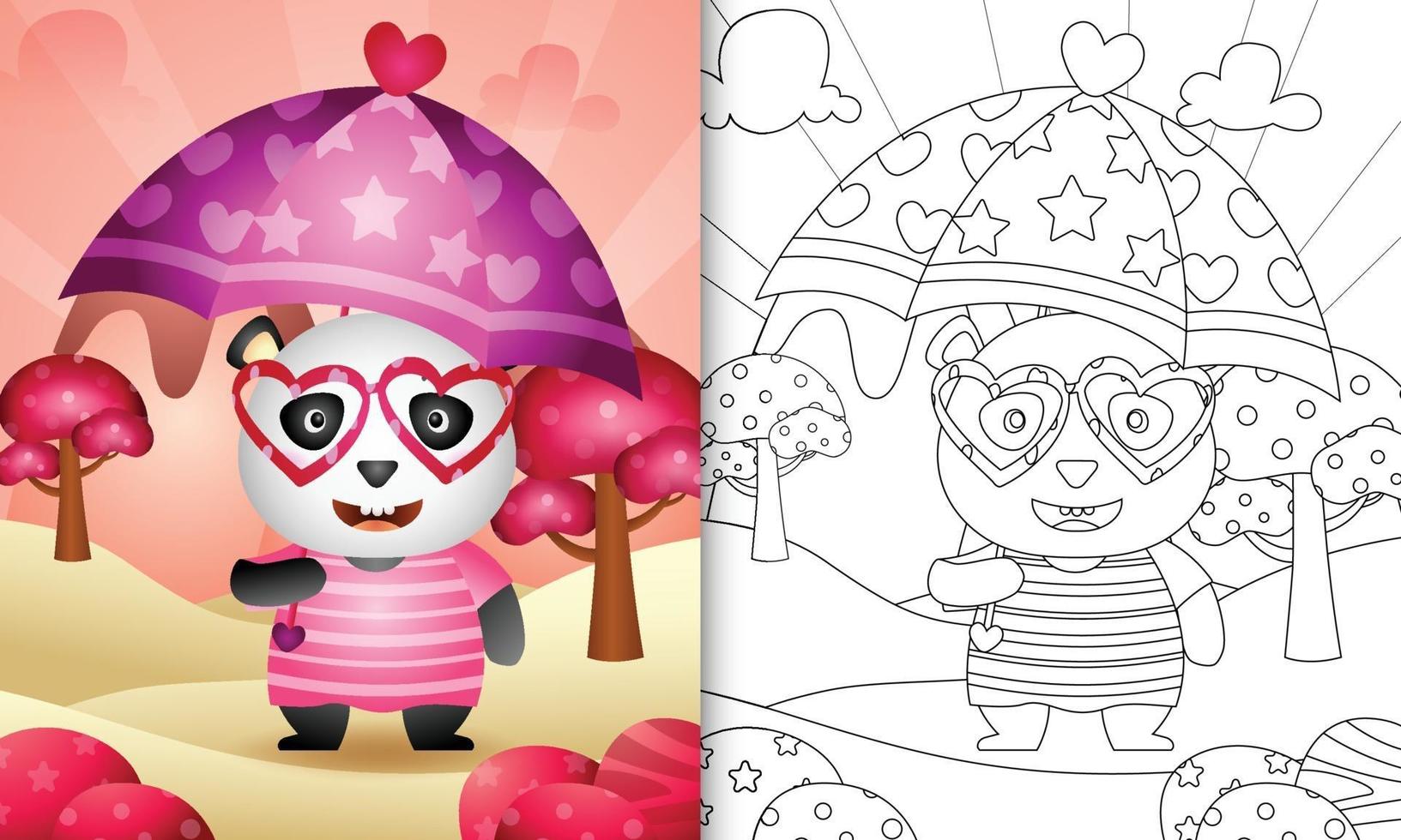 libro da colorare per bambini con un simpatico panda con ombrello a tema San Valentino vettore