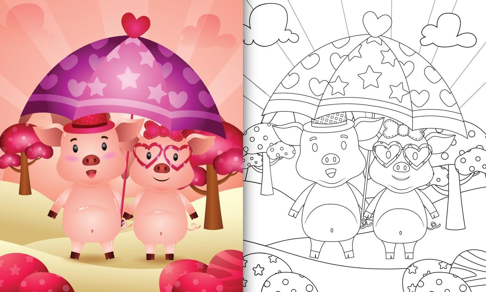 libro da colorare per bambini con una coppia di maiali carini con ombrello a tema San Valentino vettore