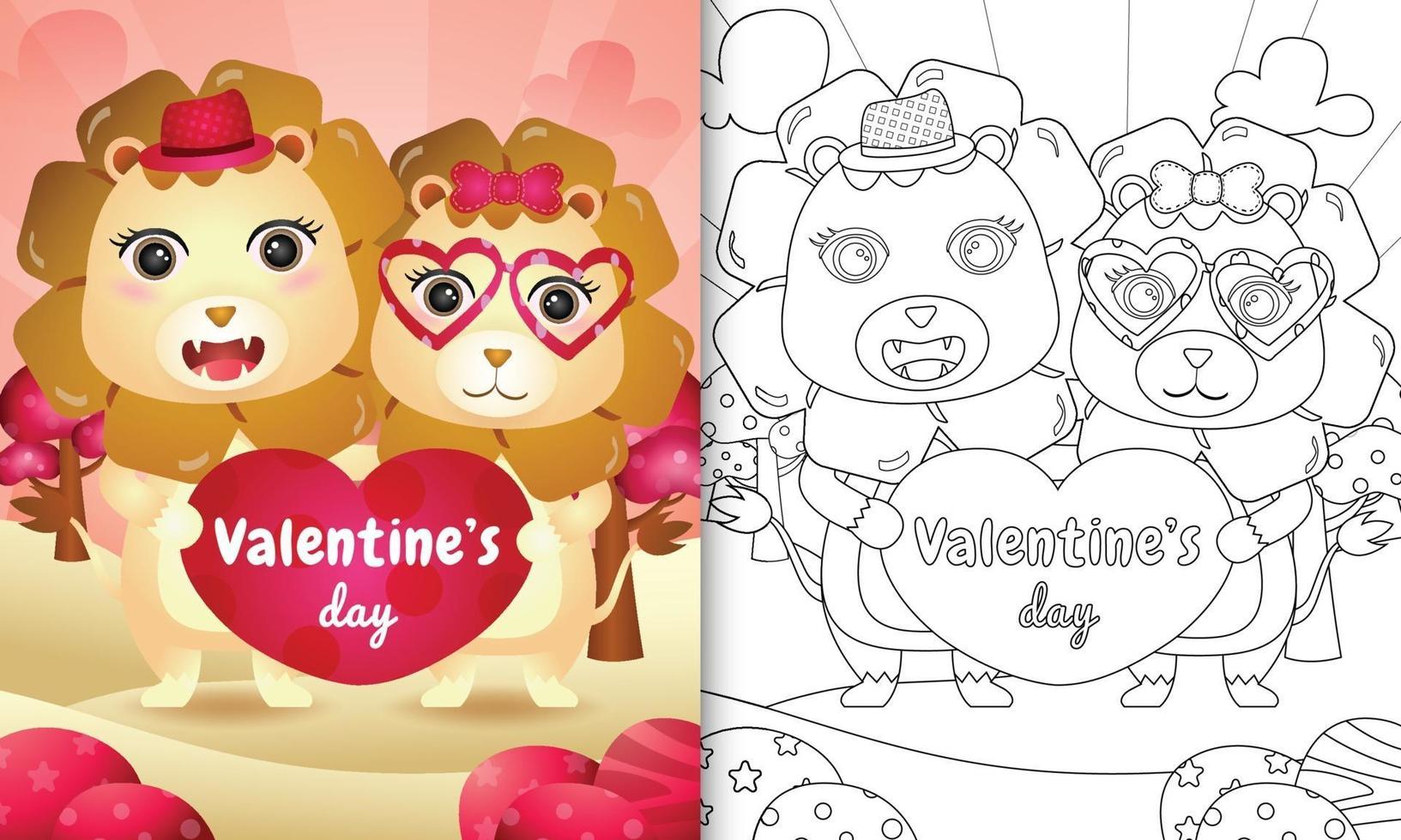 libro da colorare per bambini con coppia di leoni di san valentino illustrata vettore