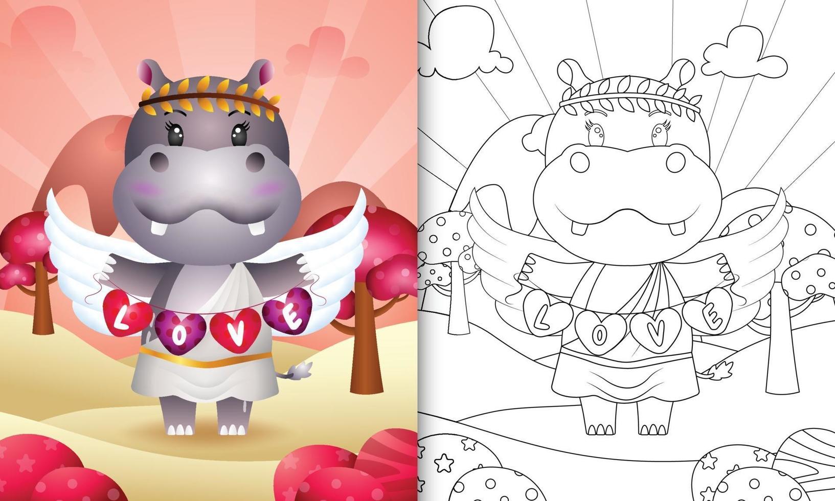 libro da colorare per bambini con un simpatico angelo ippopotamo che usa il costume da cupido con la bandiera a forma di cuore vettore