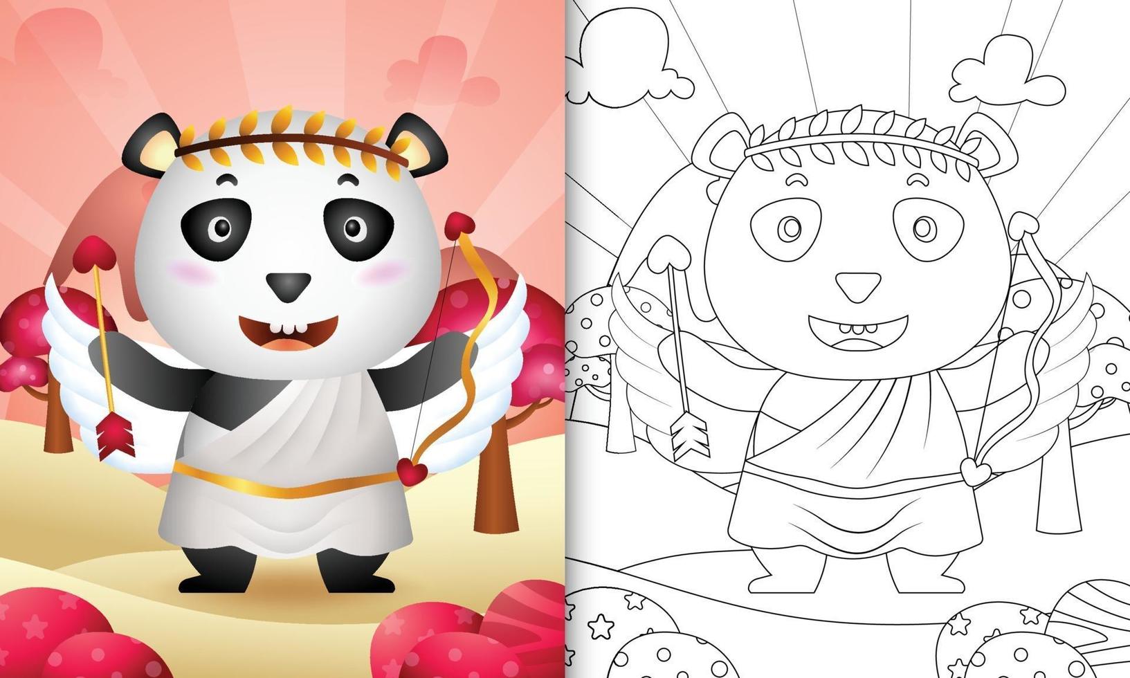 libro da colorare per bambini con un simpatico angelo panda con costume da cupido a tema san valentino vettore
