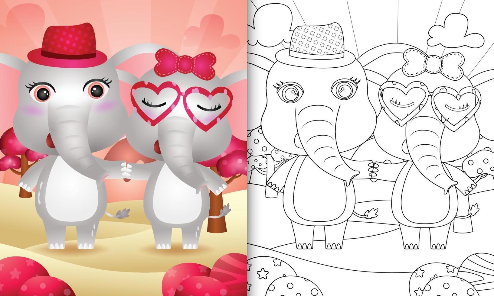 libro da colorare per bambini con un simpatico paio di elefanti a tema San Valentino vettore