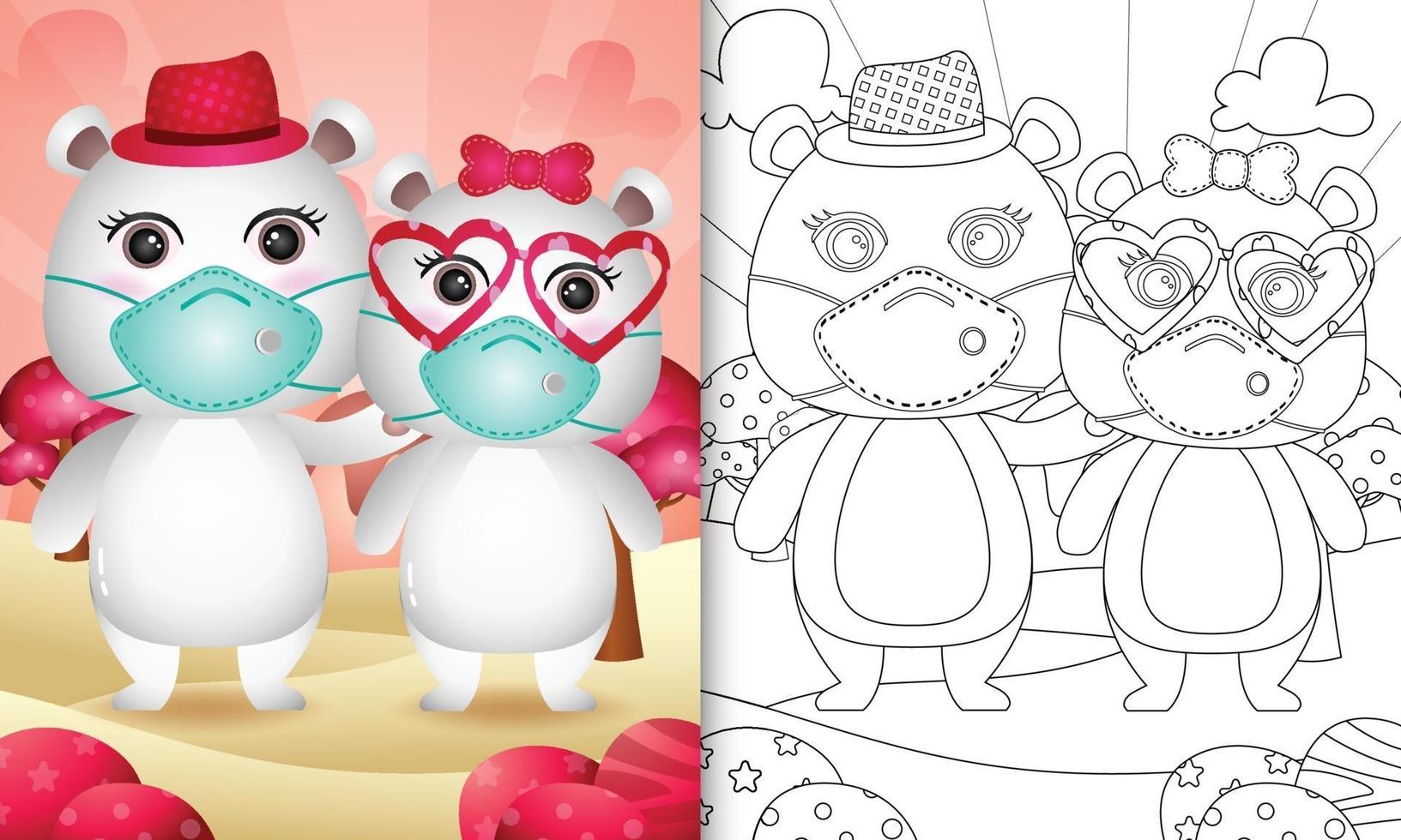 libro da colorare per bambini con coppia di orsi polari di San Valentino con maschera protettiva vettore