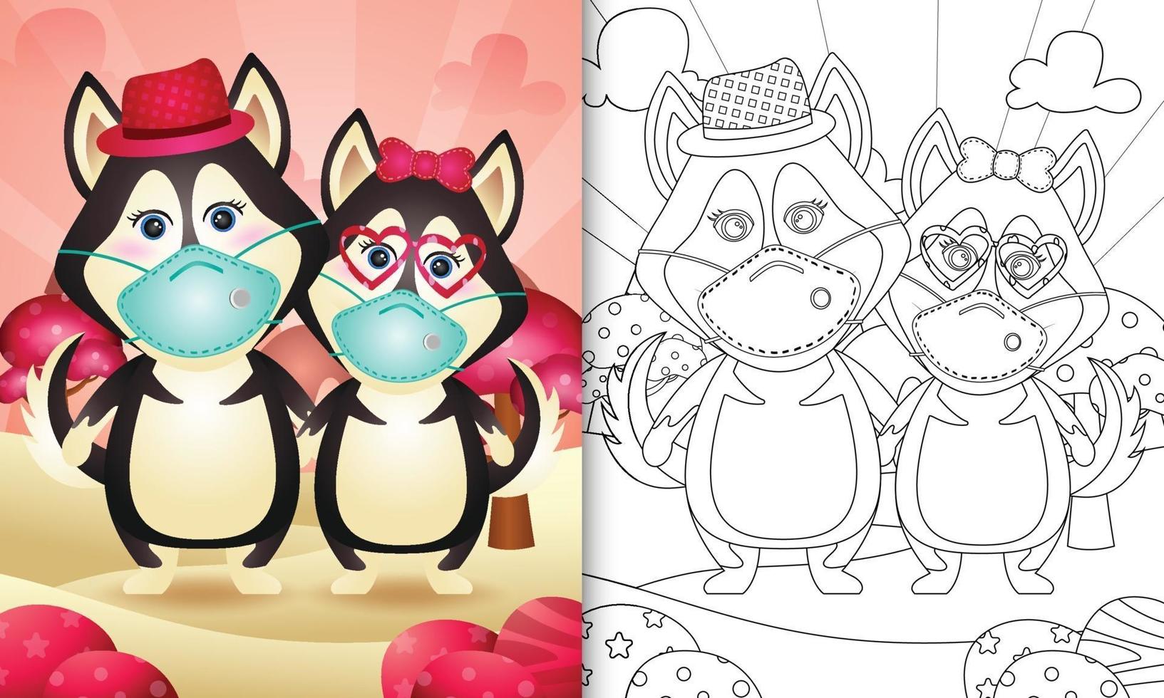 libro da colorare per bambini con coppia di cani husky di San Valentino con maschera protettiva vettore
