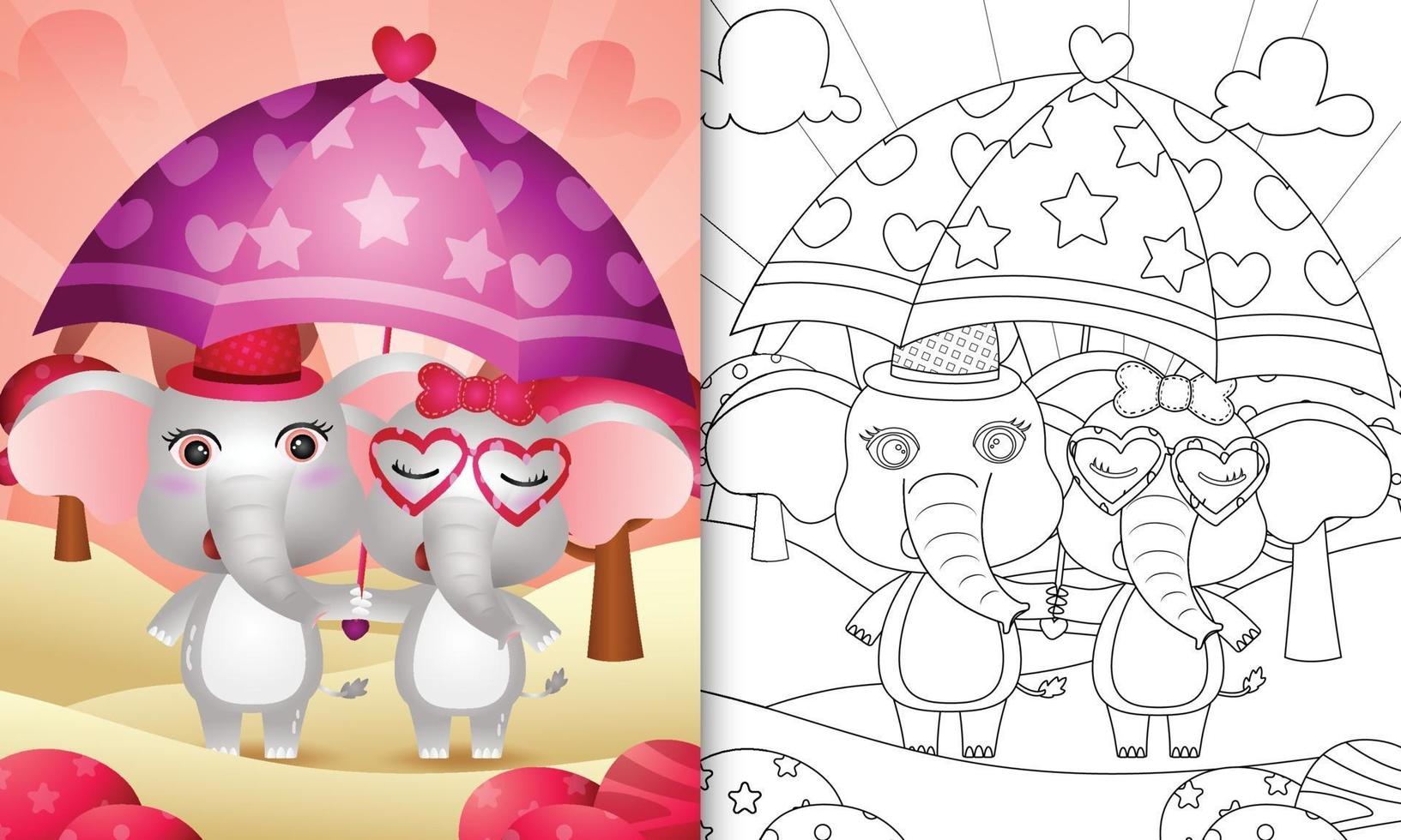 libro da colorare per bambini con una coppia di elefanti carini con ombrello a tema San Valentino vettore