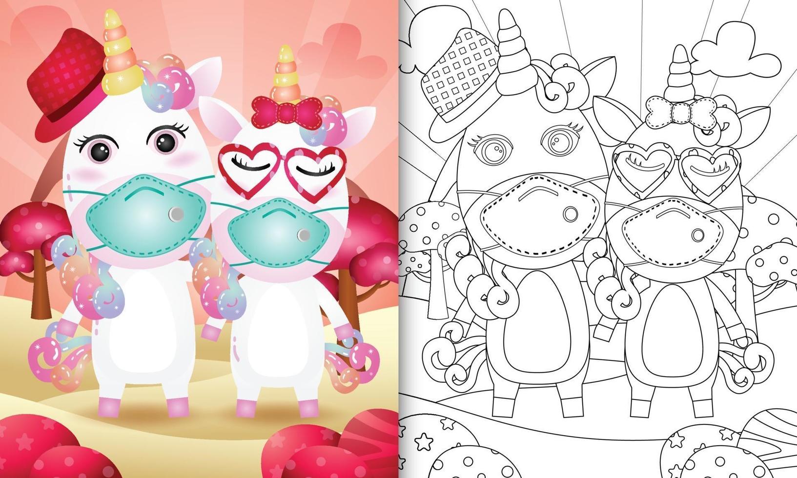 libro da colorare per bambini con coppia di unicorno carino di San Valentino con maschera protettiva vettore