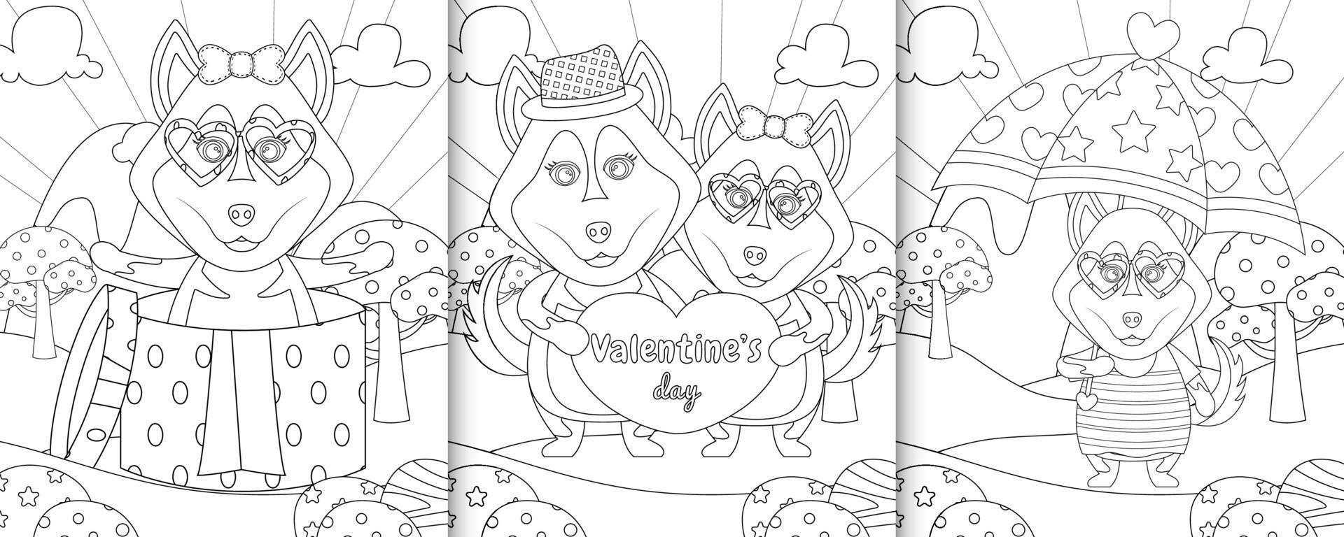libro da colorare con simpatici personaggi di cani husky a tema San Valentino vettore