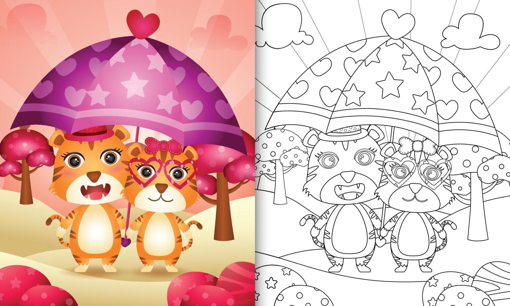 libro da colorare per bambini con una coppia di tigre carina con ombrello a tema San Valentino vettore