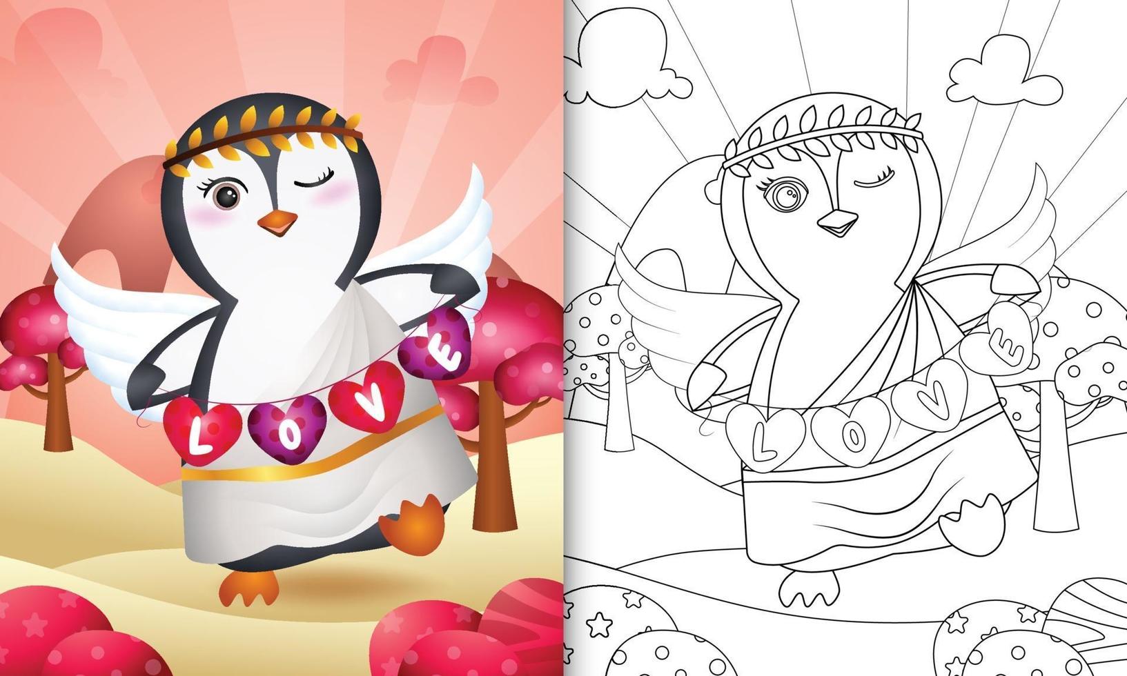 libro da colorare per bambini con un simpatico angelo pinguino che usa il costume da cupido con la bandiera a forma di cuore vettore