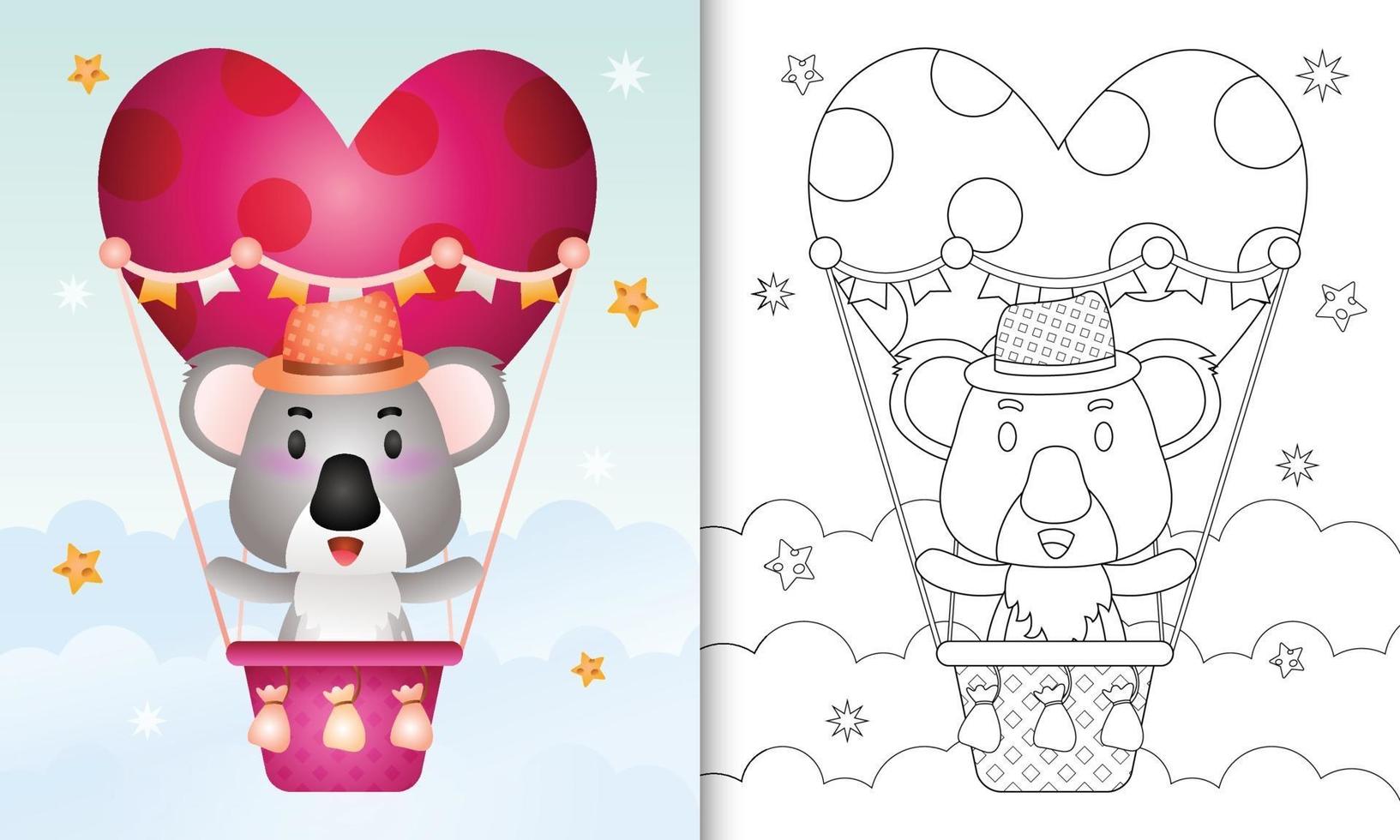 Libro da colorare per bambini con un simpatico koala maschio in mongolfiera a tema San Valentino vettore
