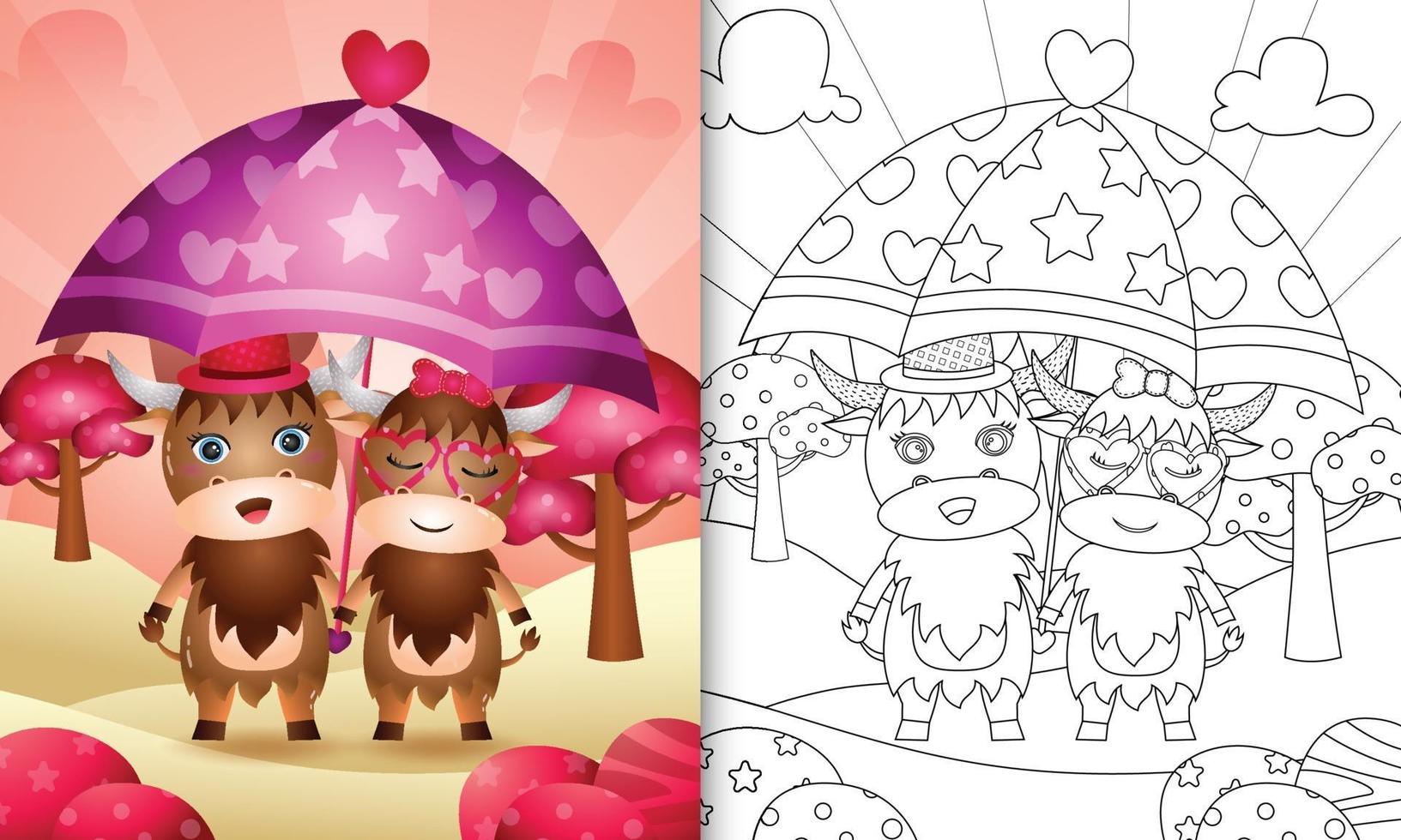 libro da colorare per bambini con una coppia carina di bufali con ombrello a tema San Valentino vettore