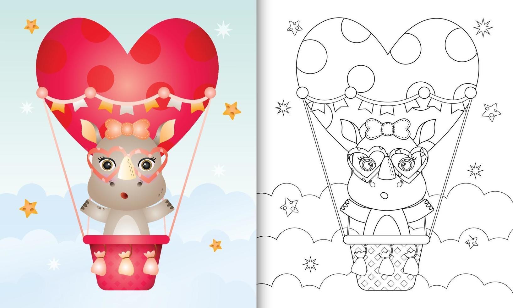 Libro da colorare per bambini con una simpatica femmina di rinoceronte in mongolfiera a tema San Valentino vettore