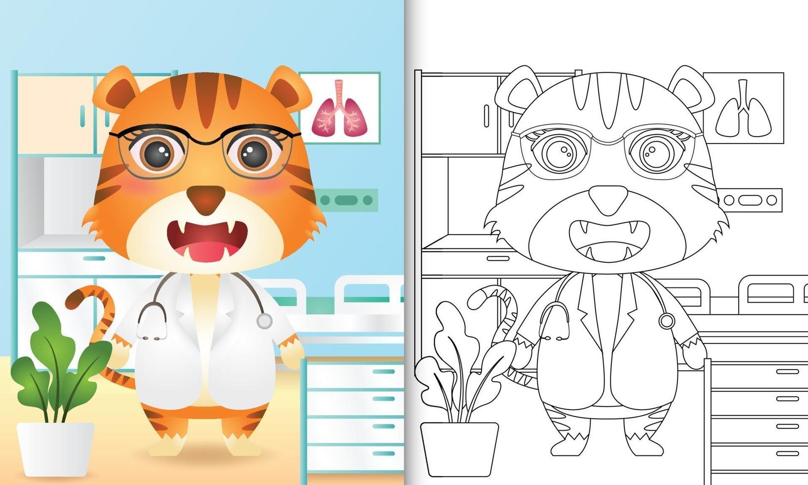 libro da colorare per bambini con un simpatico personaggio medico tigre illustrazione vettore
